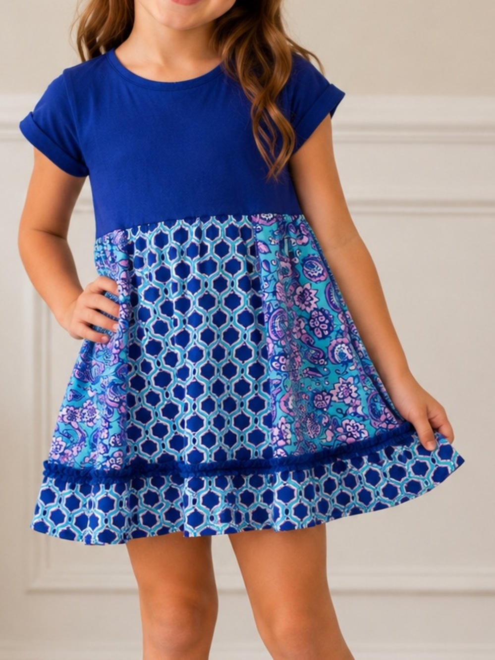 Girls Boutique Blue Patterned Dress Size 6 Cotton Kids Ruffle Hem Short Sleeve